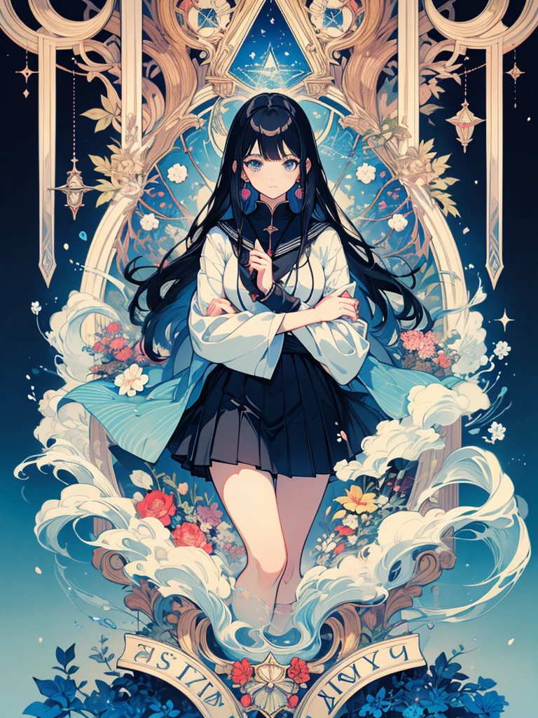 artwork, Better Quality, woman, Black Hair、blue eyes、Sailor suit、Black pleated skirt、Tarot,Symbolism, Visual art, Occultism, Vision Casting, philosophy, image, The Secret of Numbers, Popularity, art, Alphonse Mucha