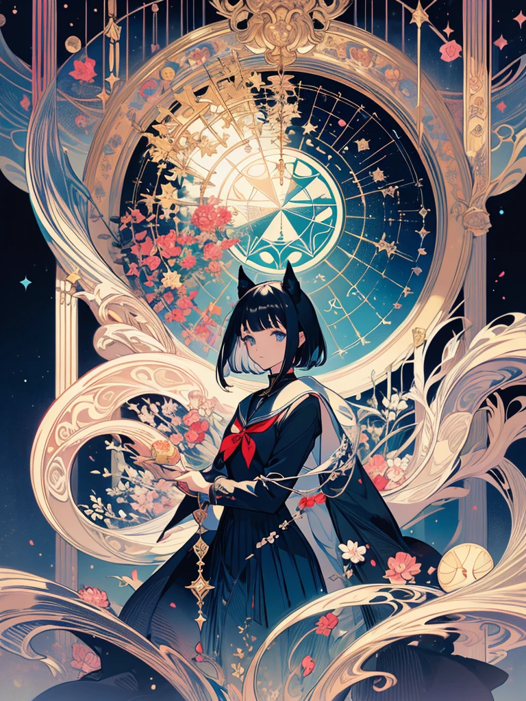 artwork, Better Quality, woman, Black Hair、blue eyes、Sailor suit、Black pleated skirt、Tarot,Symbolism, Visual art, Occultism, Vision Casting, philosophy, image, The Secret of Numbers, Popularity, art, Alphonse Mucha