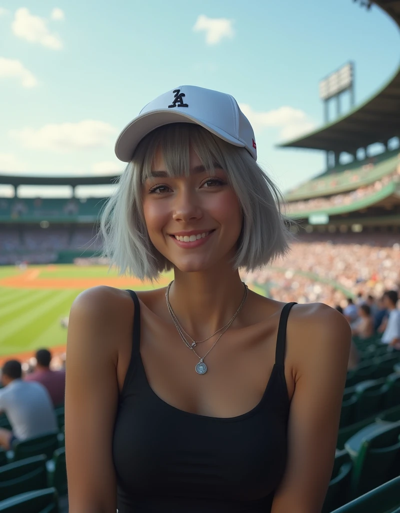 (RAW photo, best quality, masterpiece: 1.2), (photorealistic: 1.4), best lighting, 20 years old, (light gray hair, short bob cut, hair in 7 thirds, hair over one ear, Symmetrical eyes, fair skin, solo, Detailed Skin, Detailed Background:1.2), From the bottom front, smiling, sitting in the stands at a baseball stadium watching the game, many spectators behind, white baseball cap, black tight tank top, large breasts, accessories, hair tied back, daytime