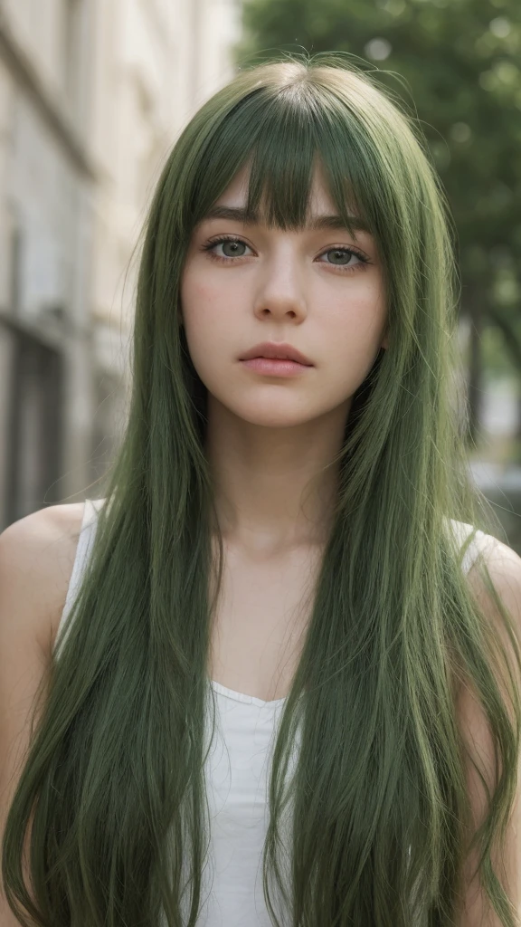 a girl. European. Extremely detailed face. Oval face. Delicate facial features. Half-closed eyes. Long straight hair. Messy hair. Bangs. Green hair. Green eyes. Sad expression. Shy
