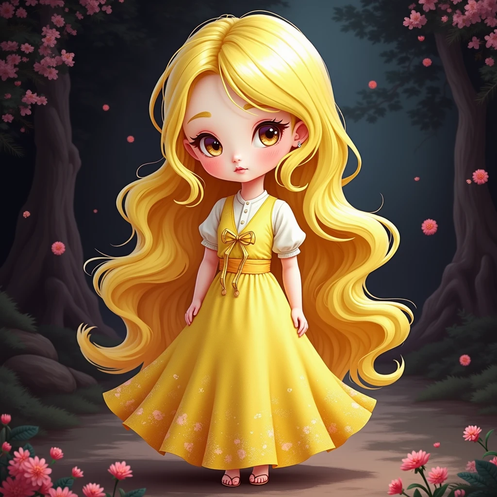 Amazing photo of a charming pretty Korean girl. The girl stands charmingly in a yellow rich hair and a yellow dress. In the background behind her, an aura that captures the essence of hope appreciates her surroundings and creates a mysterious atmosphere. Emphasize similarities with sketch images.