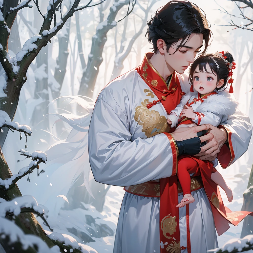 A one-year-old baby boy in an ancient Chinese baby costume with his beautiful mother, wearing an ancient Chinese costume, Walking in a forest covered in white snowstorms. A very strong blizzard The trees were completely covered with white snow, playing with each other. His handsome father is standing next to his mother.