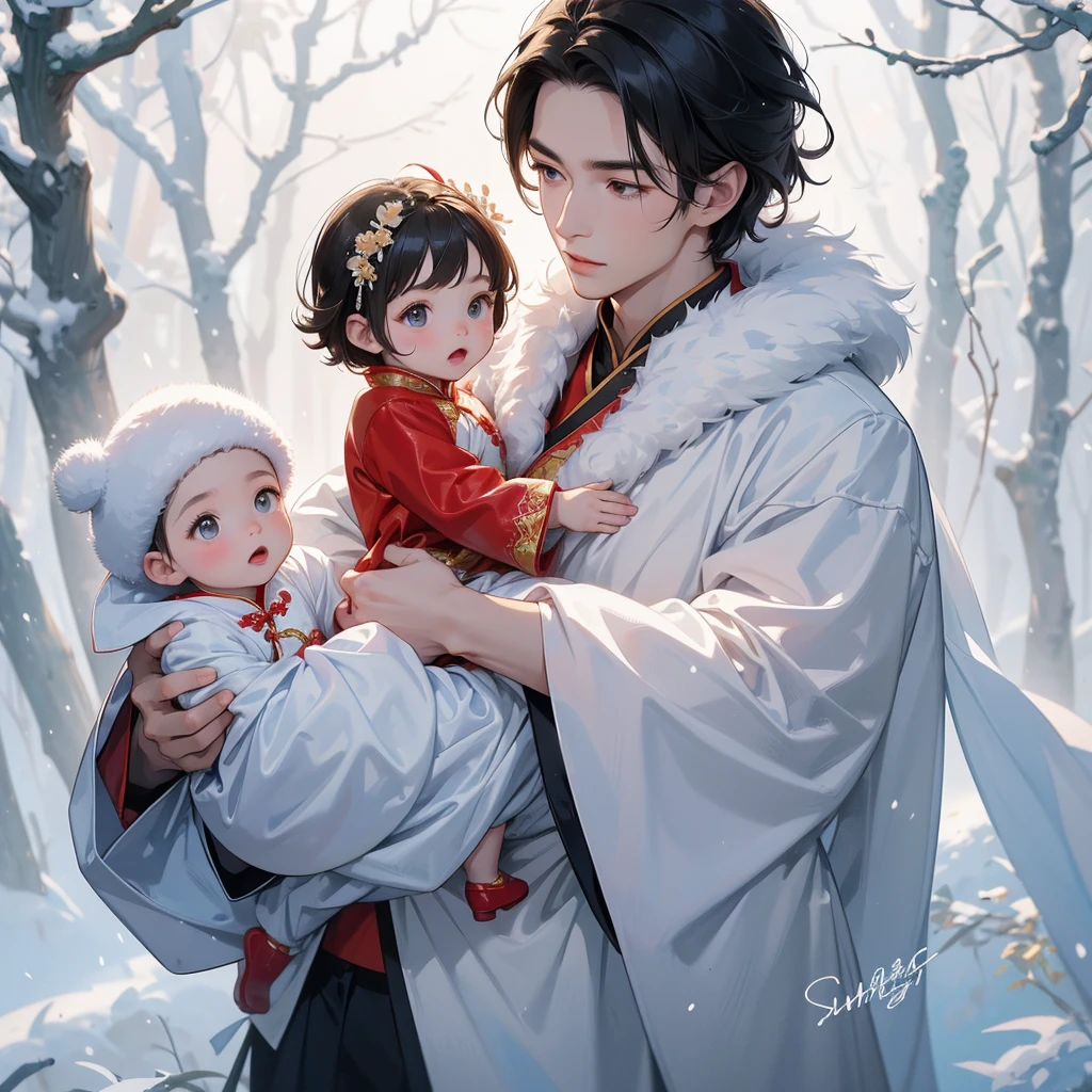 A one-year-old baby boy in an ancient Chinese baby costume with his beautiful mother, wearing an ancient Chinese costume, Walking in a forest covered in white snowstorms. A very strong blizzard The trees were completely covered with white snow, playing with each other. His handsome father is standing next to his mother.