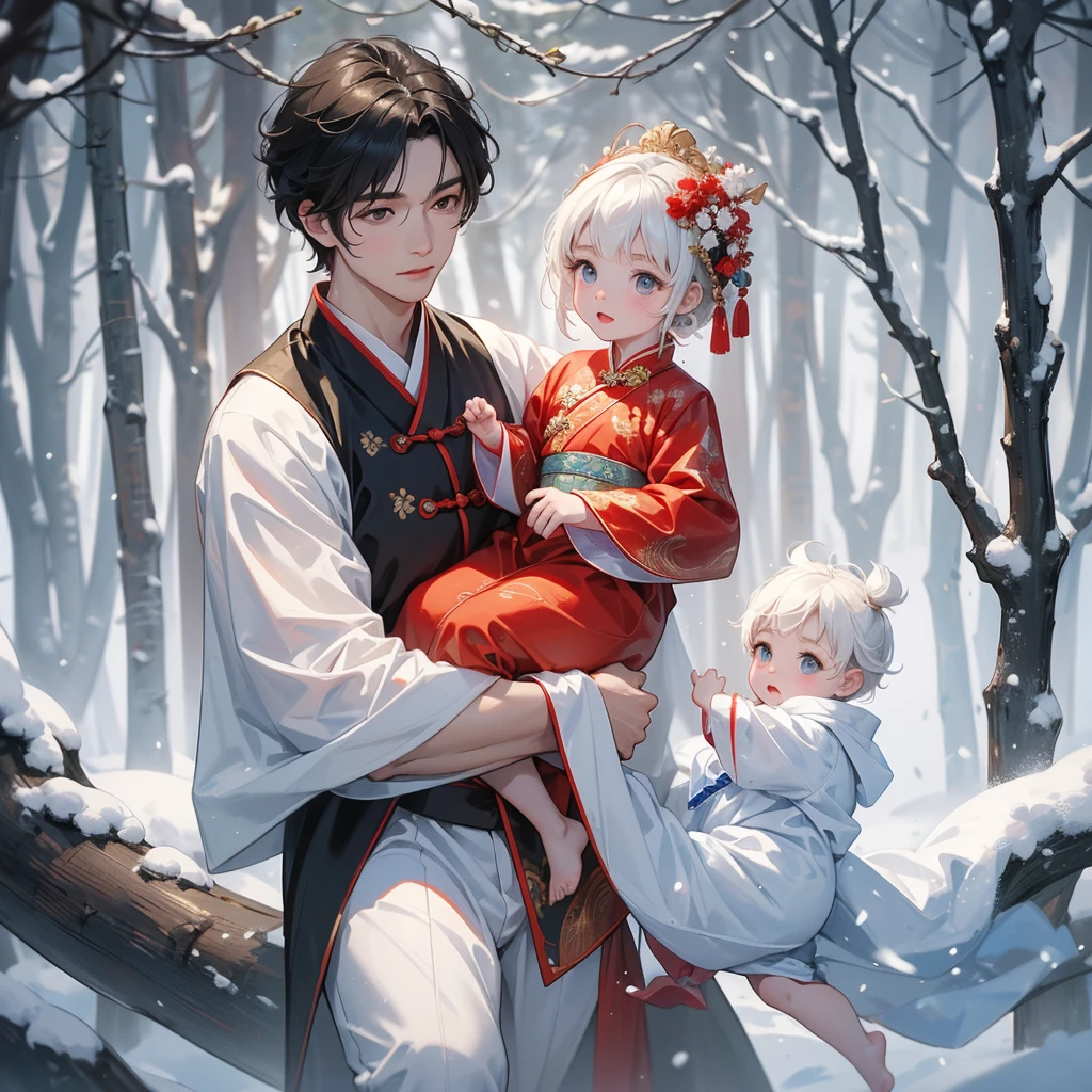 A one-year-old baby boy in an ancient Chinese baby costume with his beautiful mother, wearing an ancient Chinese costume, Walking in a forest covered in white snowstorms. A very strong blizzard The trees were completely covered with white snow, playing with each other. His handsome father is standing next to his mother.