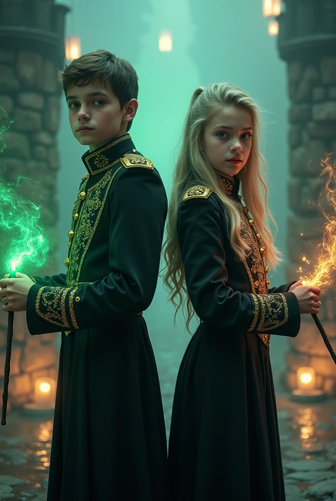 Boy and girl wearing a black Mexican military uniform with gold details, mixed with magical touches in the style of Harry Potter