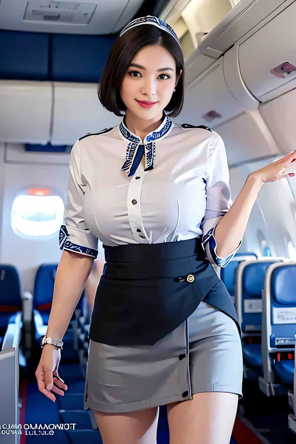 1beautiful womanl, 28years、hyperdetailed face、Detailed lips、A detailed eye、double eyelid、(Black bob hair、Smiling while walking gracefully down the aisle)、(Stewardess uniform:1.2)、((mini skirt:1.5)) (Glamorous body)、(Colossal tits)、（large full breasts）（big butts）（Plump body）（plump body shape）（ large full breasts）（Colossal tits）((J-Cup))、highs thighs thighs thighs, Perfect fit, Perfect image realism, Background with: (Business Class aisle on airplanes:1.2), Cowboy Shot, Meticulous background, detailed costume, Perfect litthing、Hyper-Realism、(Photorealsitic:1.4)、8K maximum resolution, (​masterpiece), ighly detailed, Professional