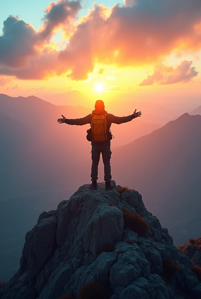 A powerful and inspiring background image that conveys a sense of limitless potential and determination. The scene should depict a person standing at the peak of a mountain during sunrise, with the sun casting a golden glow over the vast landscape below. The sky is vibrant with shades of orange, pink, and blue, and the clouds are just starting to part. The figure on the mountain is seen from behind, arms outstretched as if embracing the world, symbolizing triumph, courage, and the start of a new journey. The overall mood of the image is one of motivation, strength, and the endless possibilities that lie ahead.