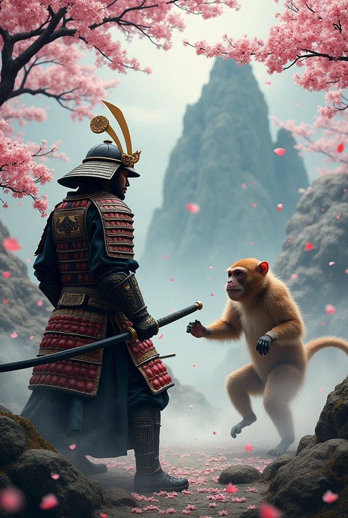 A samurai with wuokong  fighting  wuokong has a armor 
