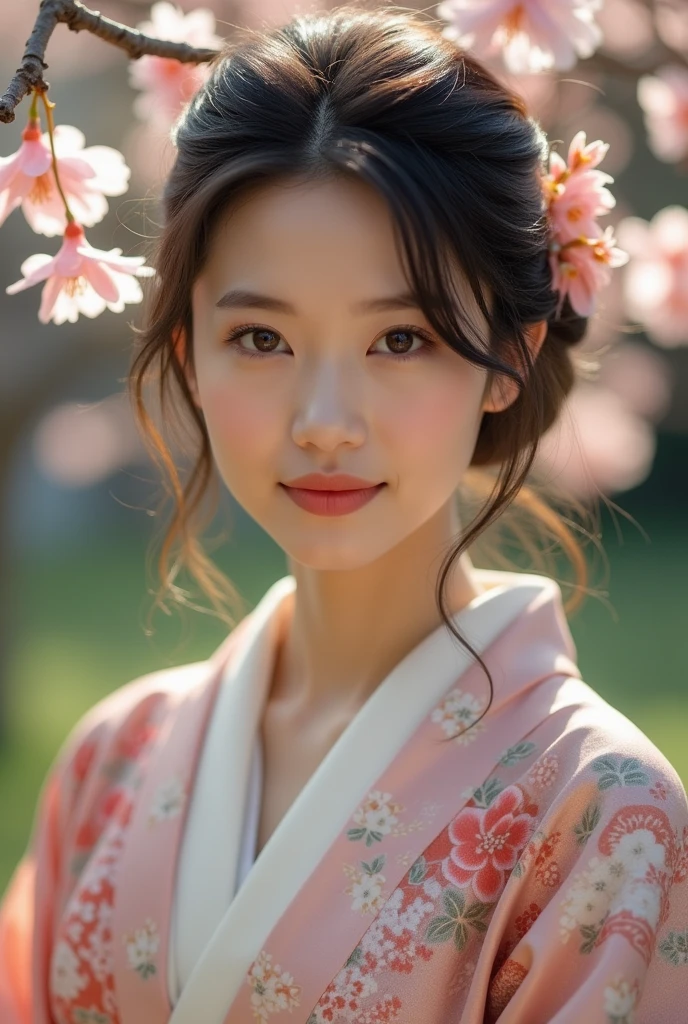 An elegantly dressed Japanese woman in natural light、A close-up of her chest and calm expression.、It shows her inner peace and outer charm.。