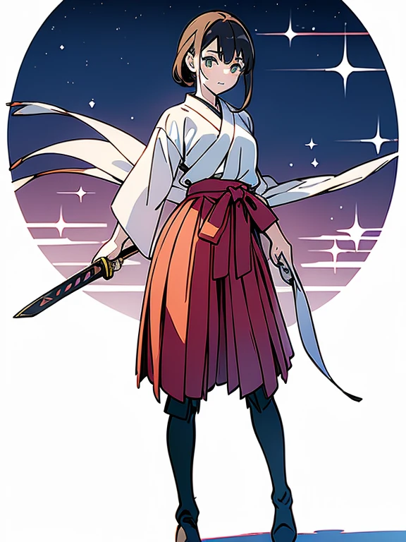 ((((masterpiece, Best Quality, Ultra-high resolution、Best illustrations))))、((Portrait of a person standing against a white background))、anime、A highly concentrated individual、(Very delicate and cute face)、(Sparkling Eyes)、A beautiful 18-year-old shrine maiden girl stands alone、((He is holding a wooden sword))、smile、Red cheeks、Medium length black hair、Clean green eyes、Long red hakama、Knee-high boots、((Perfect hands))、