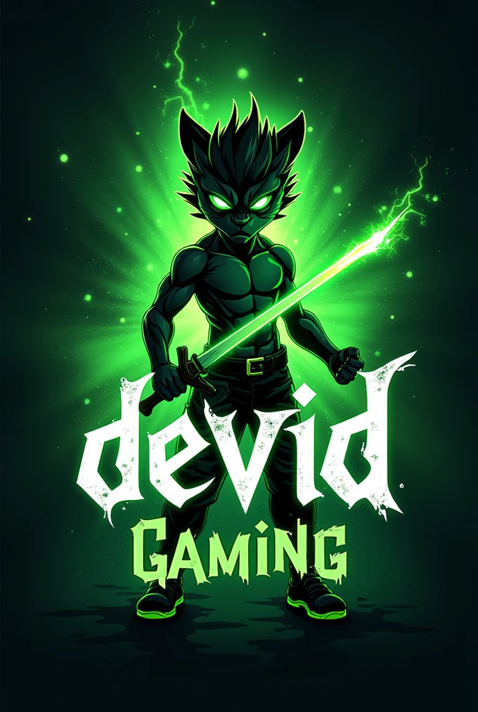 4TH PROMPT :- Design a dynamic 3D gaming logo with a bold green character, a fierce boy holding a glowing weapon in place of a monster leopard. Position “devid” boldly in white at the center, radiating intensity, and add “Gaming” below for a luminous touch.
