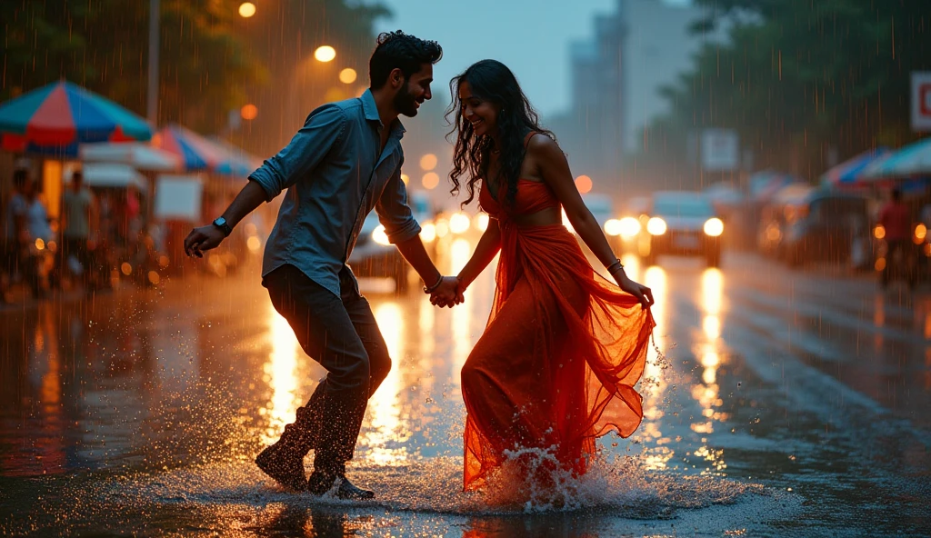 “Create a vibrant and joyful scene of a 27-year-old South Indian man, Raj, and a 25-year-old stylish North Indian woman, Priya, getting caught in a sudden Mumbai downpour. Instead of running for cover, they are embracing the rain with laughter and playful splashes in the puddles. Raj, dressed casually, and Priya, in her stylish modern attire, are both drenched but carefree, enjoying the spontaneity of the moment.
Capture the expressions on their faces—bright smiles, eyes filled with joy, and the spark of their connection. The background should show the lively streets of Mumbai, glistening under the rain with reflections of city lights on the wet pavement. The rain should be heavy yet refreshing, with droplets clearly visible, creating a dynamic and energetic atmosphere. Emphasize the contrast between the bustling city and the intimate, playful moment they share, highlighting the warmth of their bond in the midst of the rainy chaos.”"Realistic, intricate details, vibrant colours.