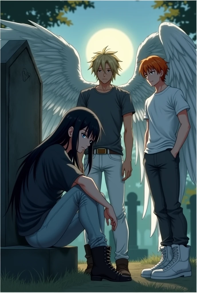 First character: A guy with long black hair, gray eyes, Beautiful face, Beautiful skinny body, black T-shirt, black trousers, black boots,sad, sitting in a graveyard in front of a headstone. The second character is a guy: blond, Beautiful, Pumped up body, in a gray shirt and white pants, black boots, with large angel wings and brown eyes. Third Character: guy with orange hair, in a white T-shirt and dark gray pants, Brown boots, Blue eyes, Large angel wings. anime art, masterpiece, realistically, super detail, Hand detailing,