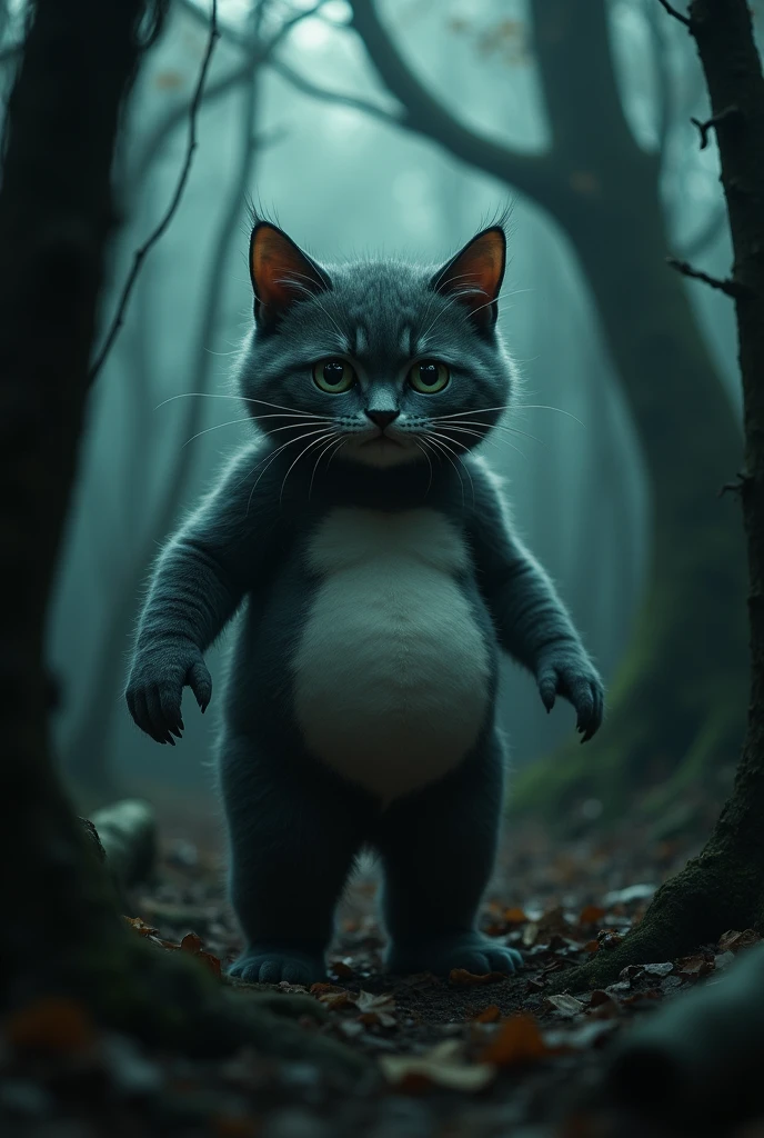 Create a surreal and psychologically unsettling creature that instills fear not because it is terrifying, but due to its uncanny appearance. The creature has the body of a fat human toddler but with the head of a cat. The head should be unnervingly realistic, with vibrant, iridescent fur and piercing eyes that seem to watch with an almost sentient awareness. The body should be slightly distorted in a way that feels unnatural, adding to the discomfort. The setting is an eerie, dimly lit forest where the creature is blending into the shadows, creating an unsettling atmosphere that plays on the viewer's mind