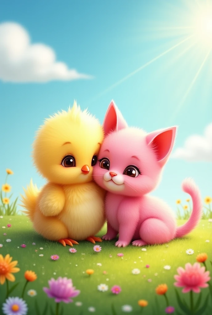 Small chick and cute pink kitten couple