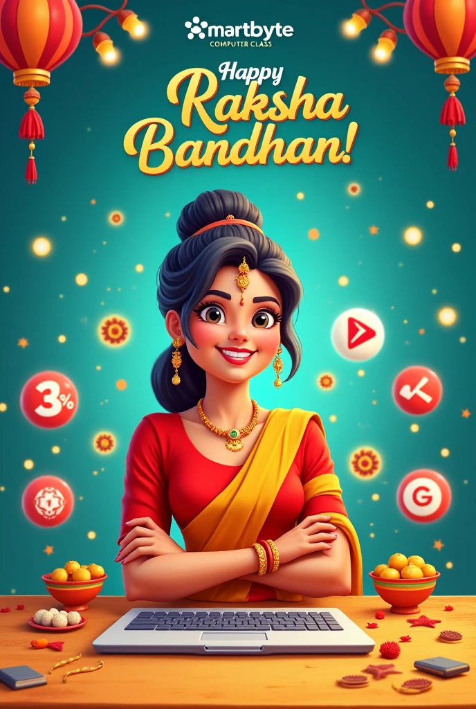 Create a poster of smartbyte computer class wishing happy raksha bandhan and Giving a discount of flat 30%