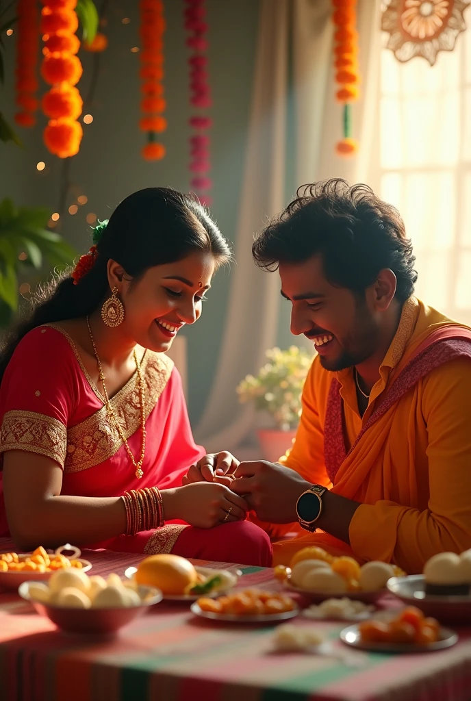   Sister ties a Rakhi on her brother's wrist  and celebrate Happy Rakshabandhan. Mention the name is Dinanath Sony on boy's shirt and Chandani on girl's saree.  
