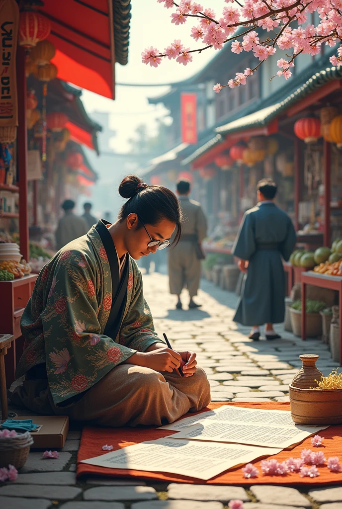 EDO era japanese merchant, he calculate it with brush. He is SEIZA styles.