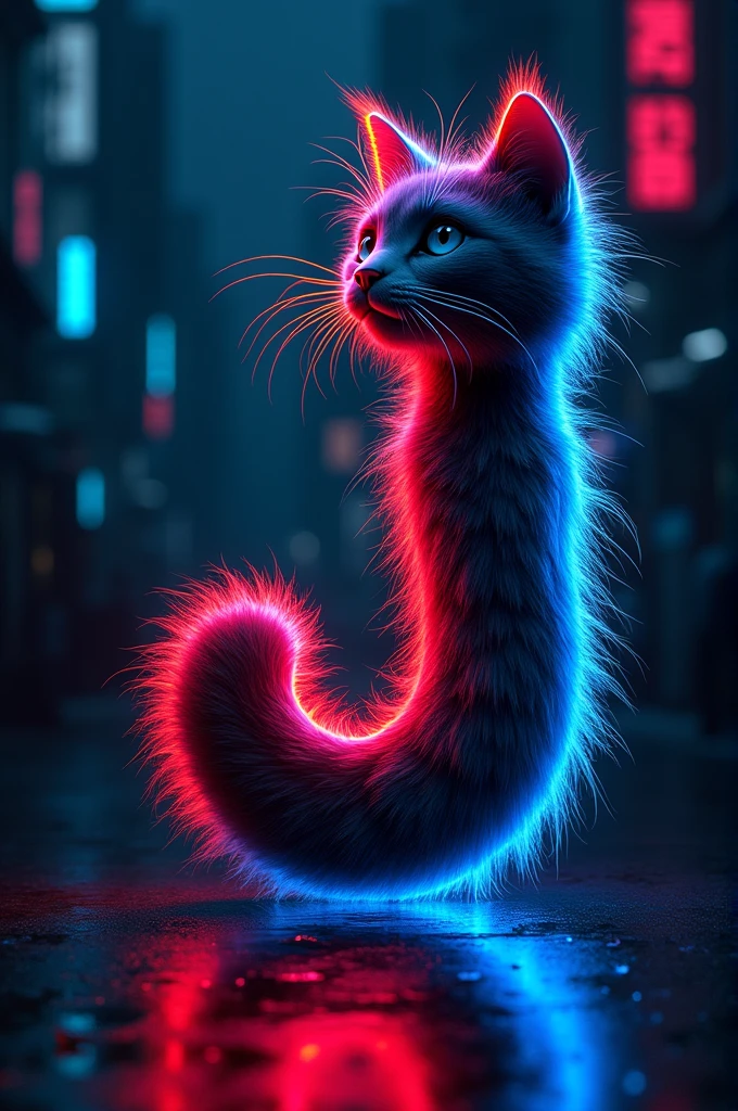 Create a "J" with animated black cat hair and blue and red neon lights