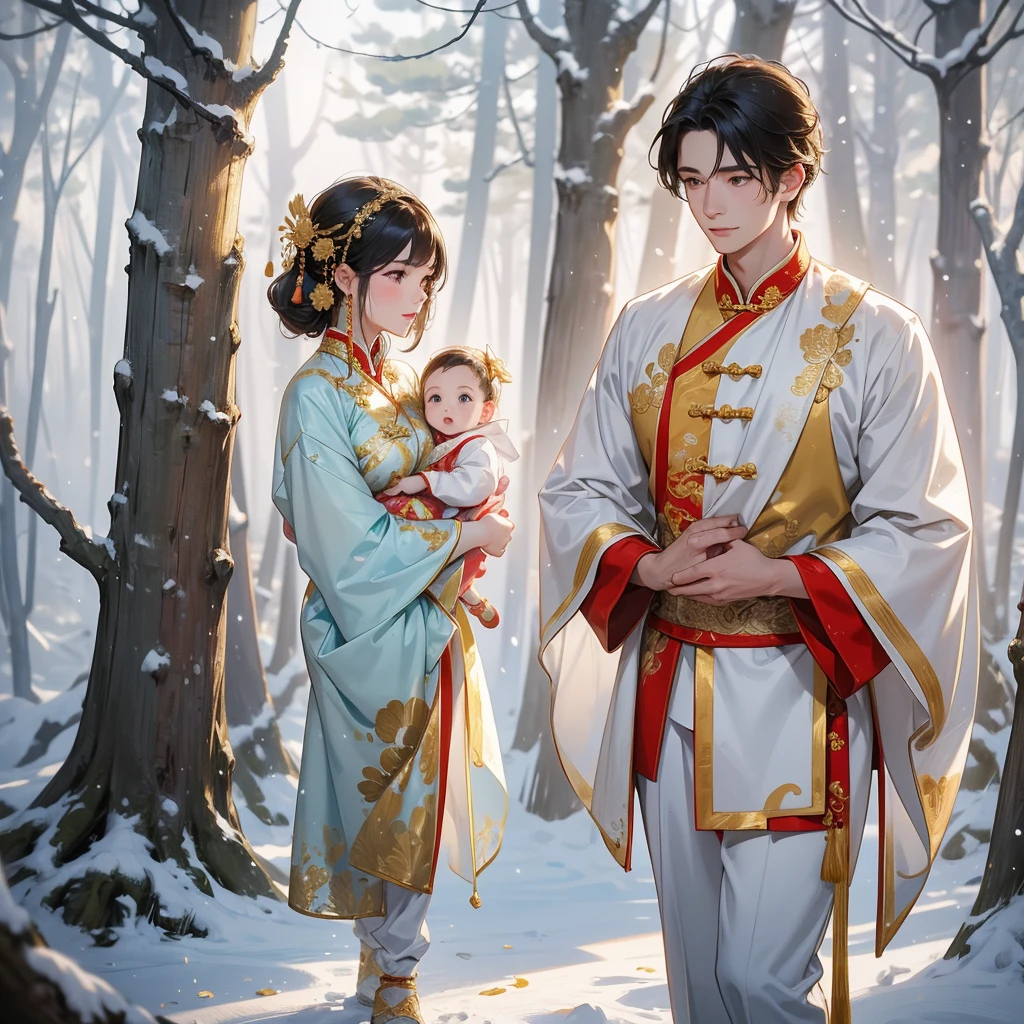 A one-year-old baby boy in gold ancient Chinese baby costume with his beautiful mother, wearing an ancient Chinese costume, Walking in a forest covered in white snowstorms. A very strong blizzard The trees were completely covered with white snow, playing with each other. His handsome father is standing next to his mother.