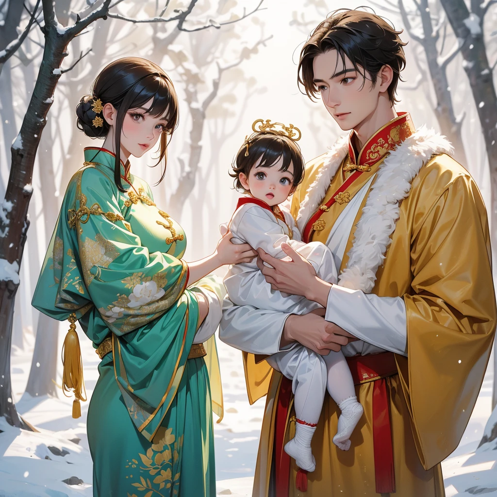 A one-year-old baby boy in gold ancient Chinese baby costume with his beautiful mother, wearing an ancient Chinese costume, Walking in a forest covered in white snowstorms. A very strong blizzard The trees were completely covered with white snow, playing with each other. His handsome father is standing next to his mother.