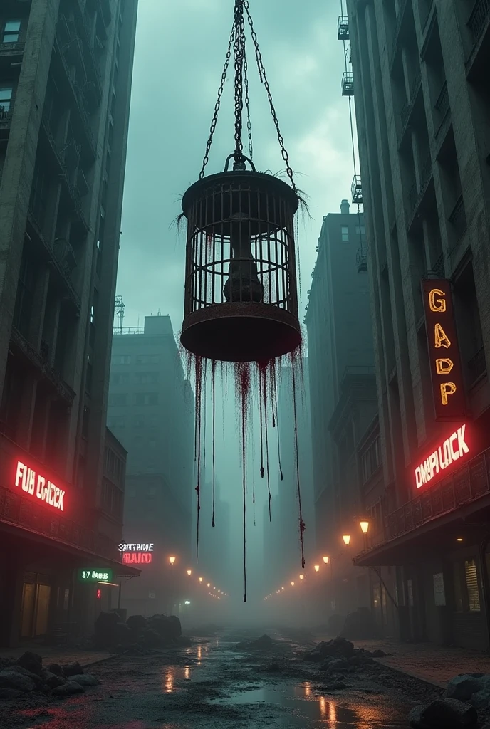 A picture with buildings and a blooded cage hanging in center