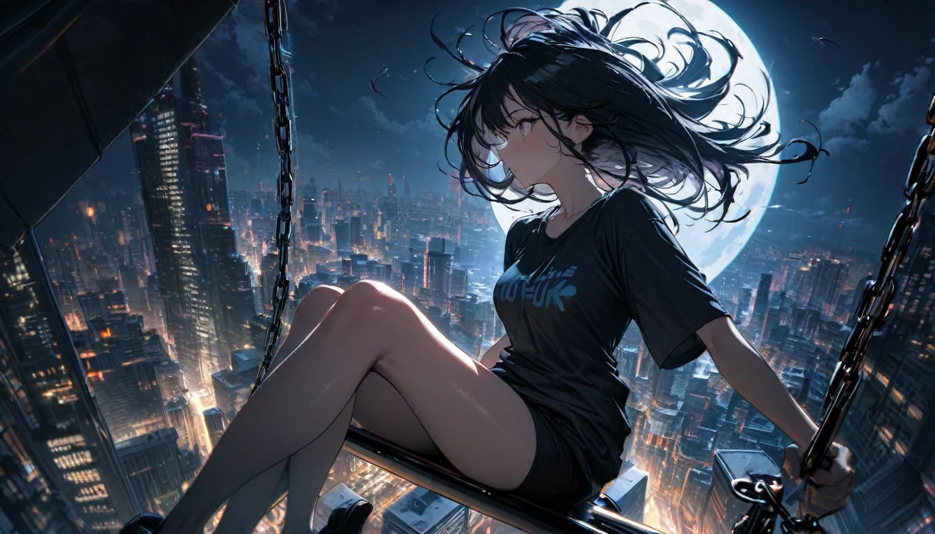 best quality, Ultra-fine, 16K, Ridiculous, Very detailed, Beautiful woman sitting on a swing suspended between two skyscrapers,  Wearing a long, loose T-shirt, Attractive appearance, Wind, Wind-effect, Moon night scene, (Magnificent views:1.1) , Clock Punk