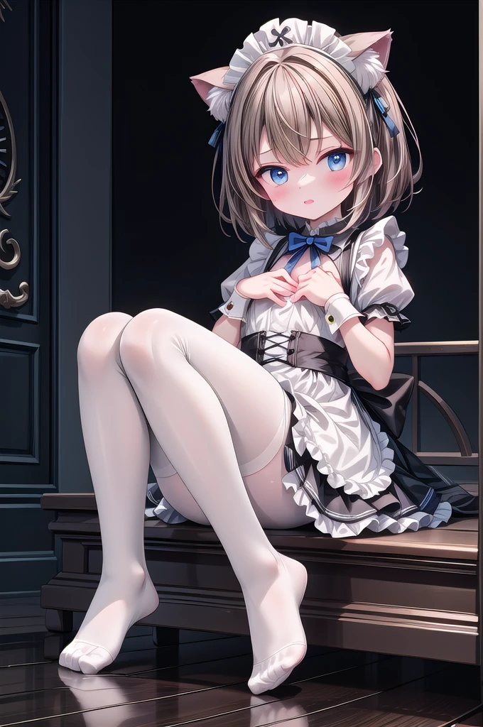 Solo Girl, 20-year-old,Medium Hair, Light brown hair, Mid-chest, highest quality, High resolution, Very detailed, Detailed Background, Perfect lighting、Extreme maid outfit、very cute, Blue eyes, a pair of cat ears, Blush, white silk socks, White pantyhose, Show off your feet, No shoes on, thighvibe