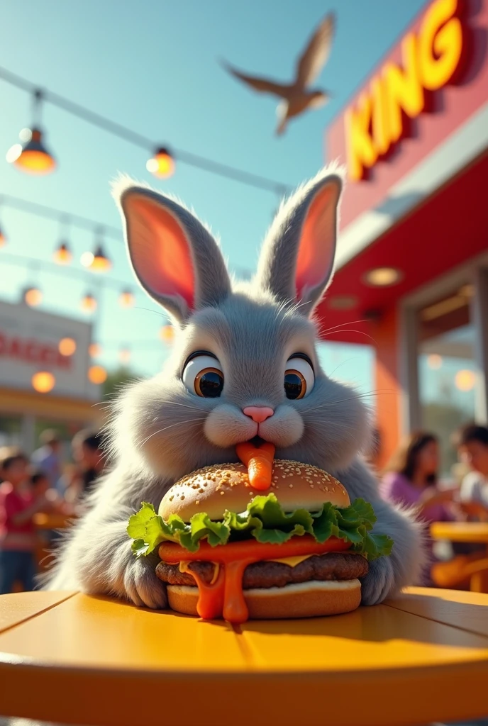 A rabbit eating a carrot burger at Burger King