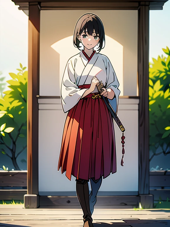 ((((masterpiece, Best Quality, Ultra-high resolution、Best illustrations))))、((Portrait of a person standing against a white background))、anime、A highly concentrated individual、(Very delicate and cute face)、(Sparkling Eyes)、A beautiful 18-year-old shrine maiden girl stands alone、((He is holding a wooden sword))、smile、Red cheeks、Medium length black hair、Clean green eyes、Long red hakama、Knee-high boots、((Perfect hands))、