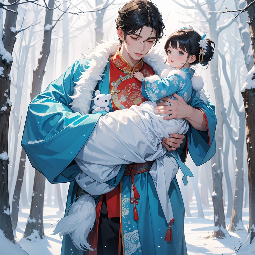A one-year-old baby boy in blue ancient Chinese baby costume with his beautiful mother, wearing an ancient Chinese costume, Walking in a forest covered in white snowstorms. A very strong blizzard The trees were completely covered with white snow, playing with each other. His handsome father is standing next to his mother.