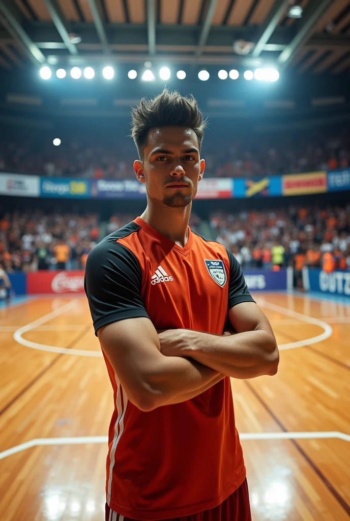 Draw me a picture of a young man standing in the middle of a futsal court with a simple folded arms pose.