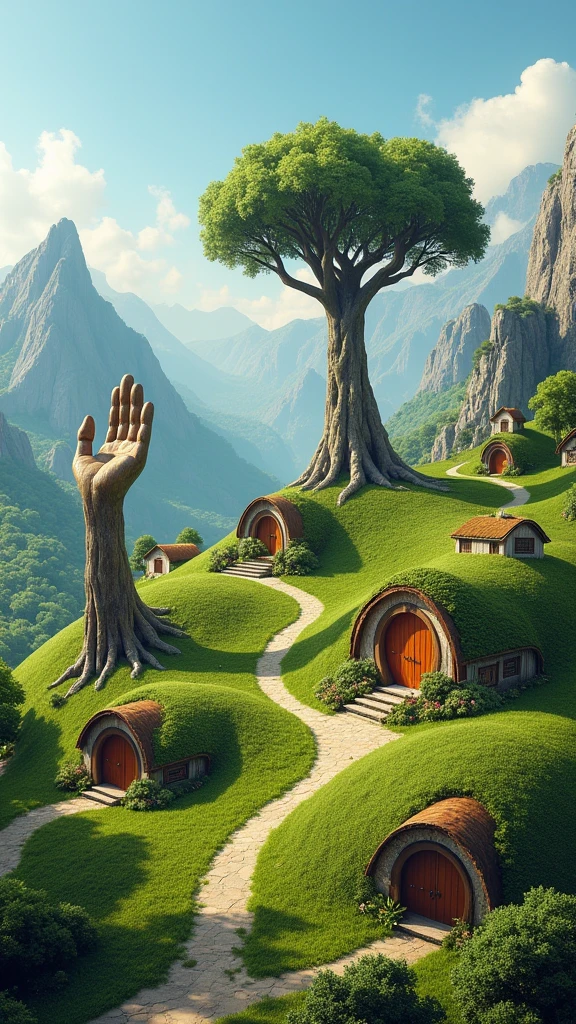 This image depicts a whimsical, surreal landscape with houses that have organic, tree-like structures integrated into their design. The scene features rolling green hills, quaint, round-door homes reminiscent of hobbit dwellings, and large wooden hand-shaped structures emerging from the grassy ground. The whole scene feels fantastical, blending nature with man-made elements in a very imaginative way. The towering mountains and clear blue sky in the background add to the serene and magical atmosphere.