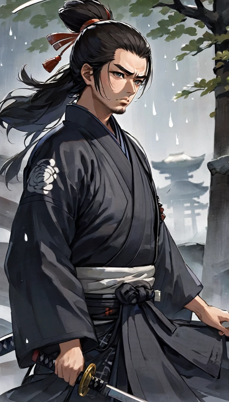 A samurai detecting a ninja’s presence, tears in his eyes but his expression resolute, the sadness of knowing what must come next, the night filled with quiet determination and sorrow.