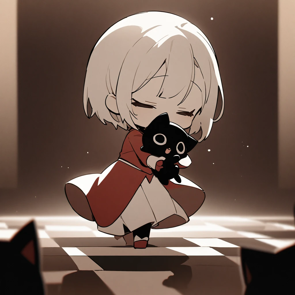 Chibi Character、Music box-style floor、(A black cat wearing a white tuxedo)、(A white cat in a red dress)、(Dancing Tango)、Sepia background、Masterpiece、Medium Shot