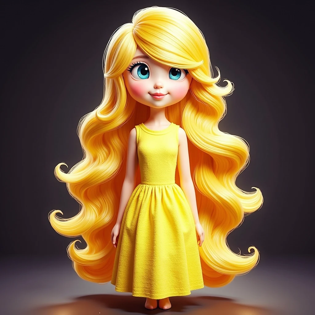 A stunning high-quality photo of a charming pretty Korean girl. This girl stands charmingly in a yellow rich hair and a yellow dress. In the background behind her, an aura that captures the essence of hope appreciates her surroundings and creates a mysterious atmosphere. Emphasizes similarities with sketch images. Photo.