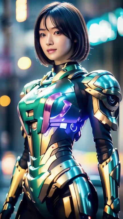 Highest quality, masterpiece, shape, (Realistic, photo-Realistic:1.37), wonderful, In detail, Unbelievably absurd, Very detailed, High resolution, Very detailed CG Unity 8k , Very detailed目と顔, Ray Tracing, The cyborg girl is pure.,She is wearing a mecha armor jacket.。..。.., Exposing most of her flawless skin. Added armor details to shoulders and head.、wonderfulハイライトがいくつかあります, Tech Panels and Mechanisms. She stands against a futuristic cityscape lit up with vibrant neon lights.......、Standing full of energy。.