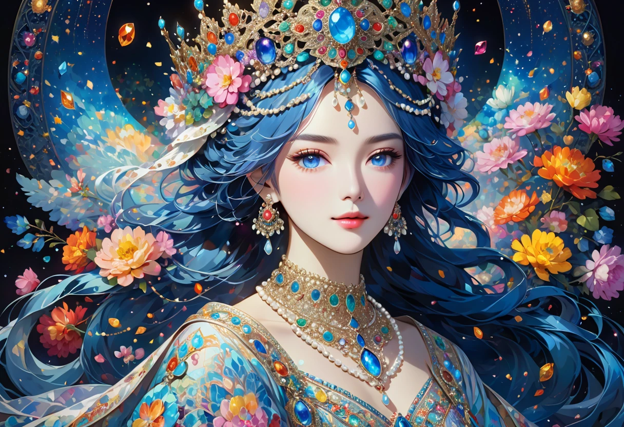 The image shows a person with long, flowing blue hair adorned in a crown decorated with various gemstones and intricate designs. The person is also wearing an elaborate necklace with multiple colorful gemstones and possibly pearls, which match the adornments on the crown. The background is dark, accentuating the luminous and detailed jewelry. The overall effect is ethereal and regal.