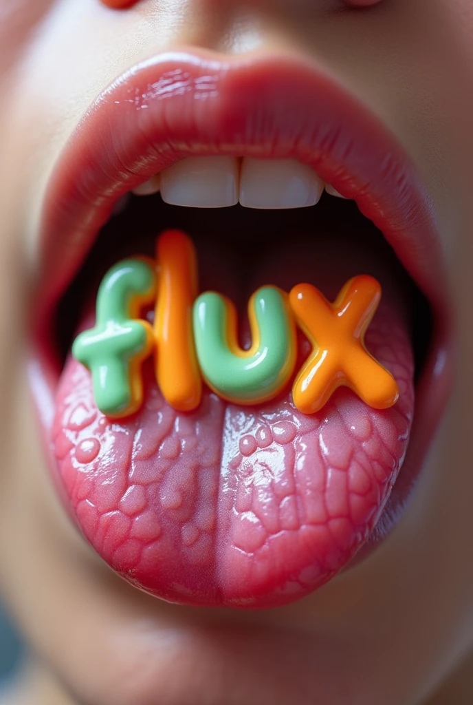 a candy-coated word "flux" on human tongue, hyper-realistic, 4k, 8k, highly detailed, photorealistic, sharp focus, vivid colors, studio lighting, candy-like texture, glossy surface, saliva effect, extreme close-up, dynamic angle