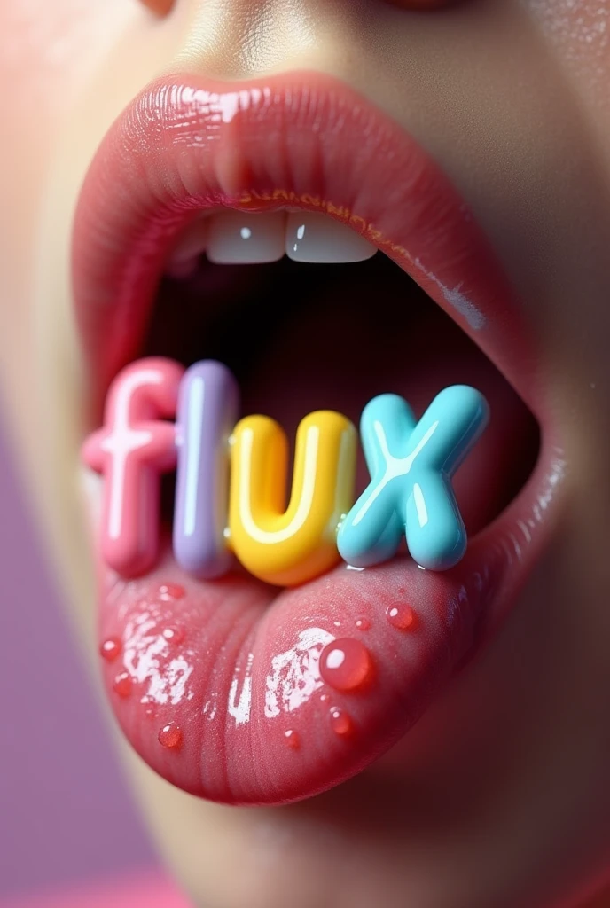 a candy-coated word "flux" on human tongue, hyper-realistic, 4k, 8k, highly detailed, photorealistic, sharp focus, vivid colors, studio lighting, candy-like texture, glossy surface, saliva effect, extreme close-up, dynamic angle