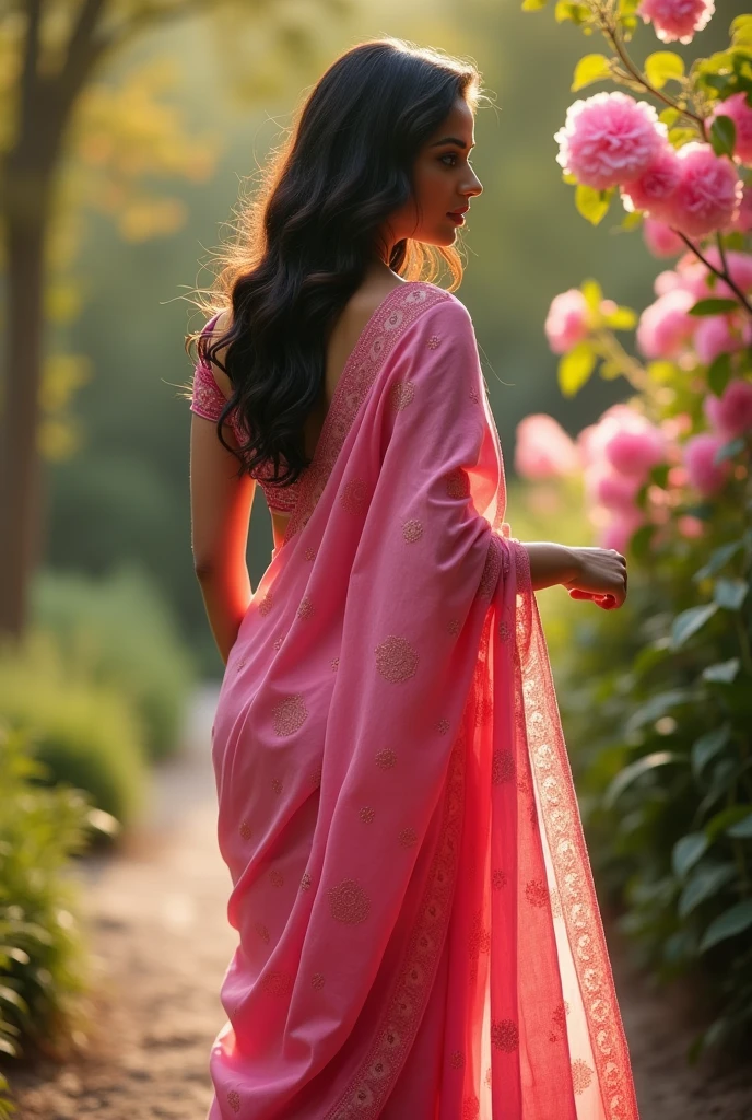 (photorealism:1.2), beautiful indian woman whose skin is white showing off her big booty in a pink saree from.behind