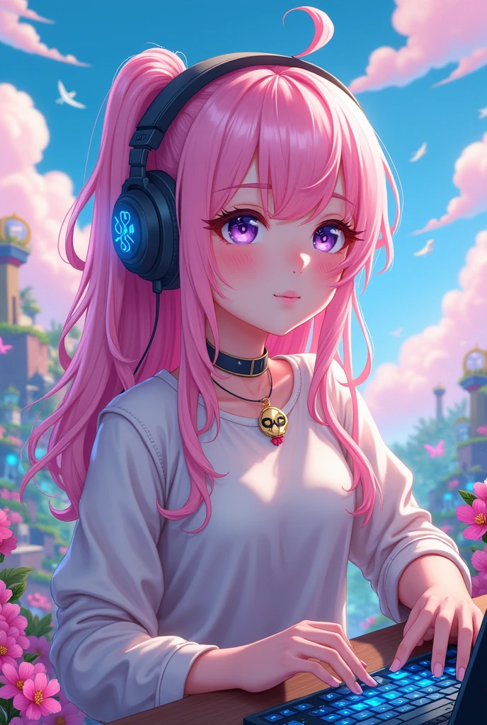 Create a delicate female gamer character with pink hair