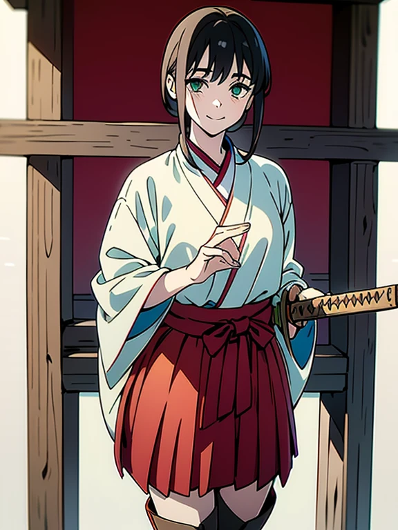((((masterpiece, Best Quality, Ultra-high resolution、Best illustrations))))、((Portrait of a person standing against a white background))、anime、A highly concentrated individual、(Very delicate and cute face)、(Sparkling Eyes)、A beautiful 18-year-old shrine maiden girl stands alone、((He is holding a wooden sword))、smile、Red cheeks、Medium length black hair、Clean green eyes、Long red hakama、Knee-high boots、((Perfect hands))、