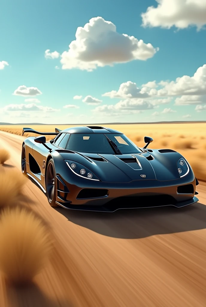 Koenigsegg in black Running in a deaserted field
