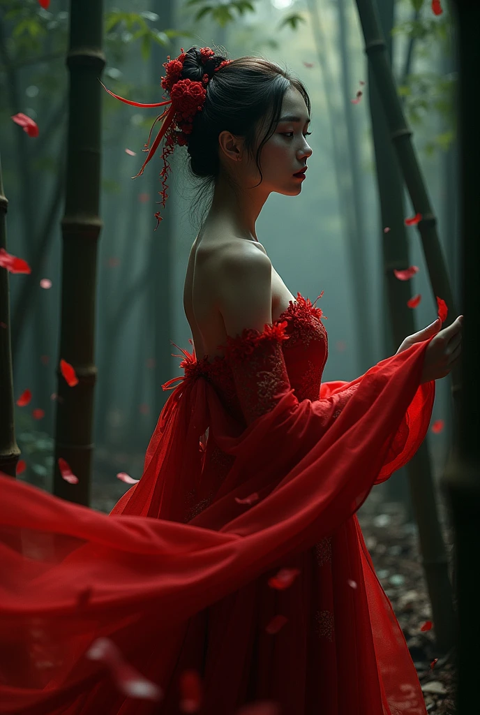 a spooky Chinese woman,red joss paper Chinese traditional wedding dress,standing in dark bamboo forest,2D,game wallpaper,joss paper flying around,cinematic lighting,dramatic shadows,moody atmosphere,highly detailed,intricate patterns,flowing fabric,beautiful woman,flawless skin,piercing eyes,elegant pose,mystical,haunting,eerie,otherworldly,muted color palette,deep shadows,dramatic contrast
