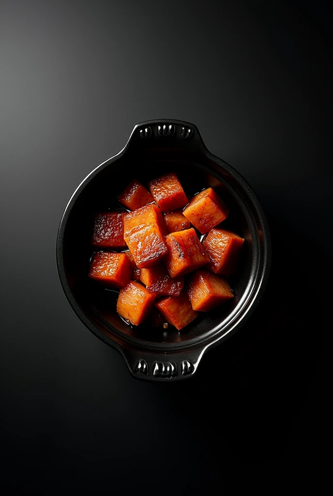 A black ceramic pot is filled with Dongpo pork.，simple，Movie Lighting，专业photography，Studio Lighting，Black desktop background，photography，Intricate details，Ultra Detail，Hyper-photorealism，8K Ultra HD （（Top-down view，Top view, bird's eye view））
