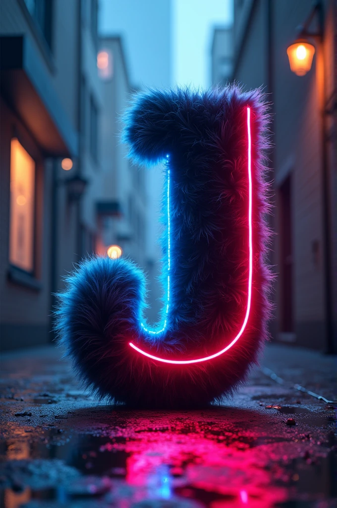 Create a "J" with animated black cat hair and blue and red neon lights