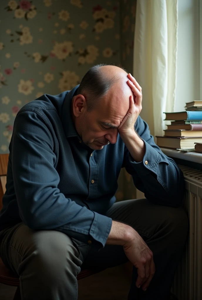 A person with a receding hairline holding their head in their hands