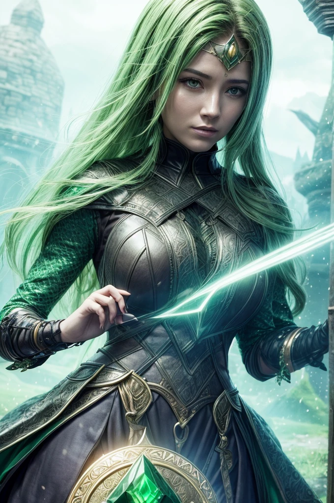A powerful spell to create a magical barrier of protection, a woman using green magic to summon a magical shield perfect for a fantasy world.