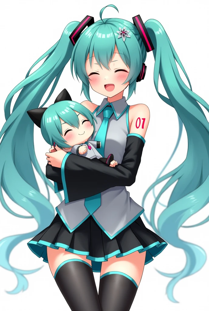 Anime art, anime style, detailed drawing, white background, high definition, high quality, one girl, solo, Hatsune Miku, aqua hair, twin tails, head ornament, headphones, number tattoo "01" (red, located on her left hand), grey sleeveless collared shirt, black detached sleeves with aqua lines, five fingers with aqua nails, aqua necktie, black pleated mini skirt with aqua lines, zettai ryouiki, thigh-high black boots with aqua lines.
Anime art, anime style, detailed drawing, white background, high definition, high quality, one girl, solo, Hatsune Miku, aqua hair, twin tails, head ornament, headphones, number tattoo "01" (red, located on her left hand), grey sleeveless collared shirt, black detached sleeves with aqua lines, five fingers with aqua nails, aqua necktie, black pleated mini skirt with aqua lines, zettai ryouiki, thigh-high black boots with aqua lines.
Miku Hatsune hugging a Miku plush